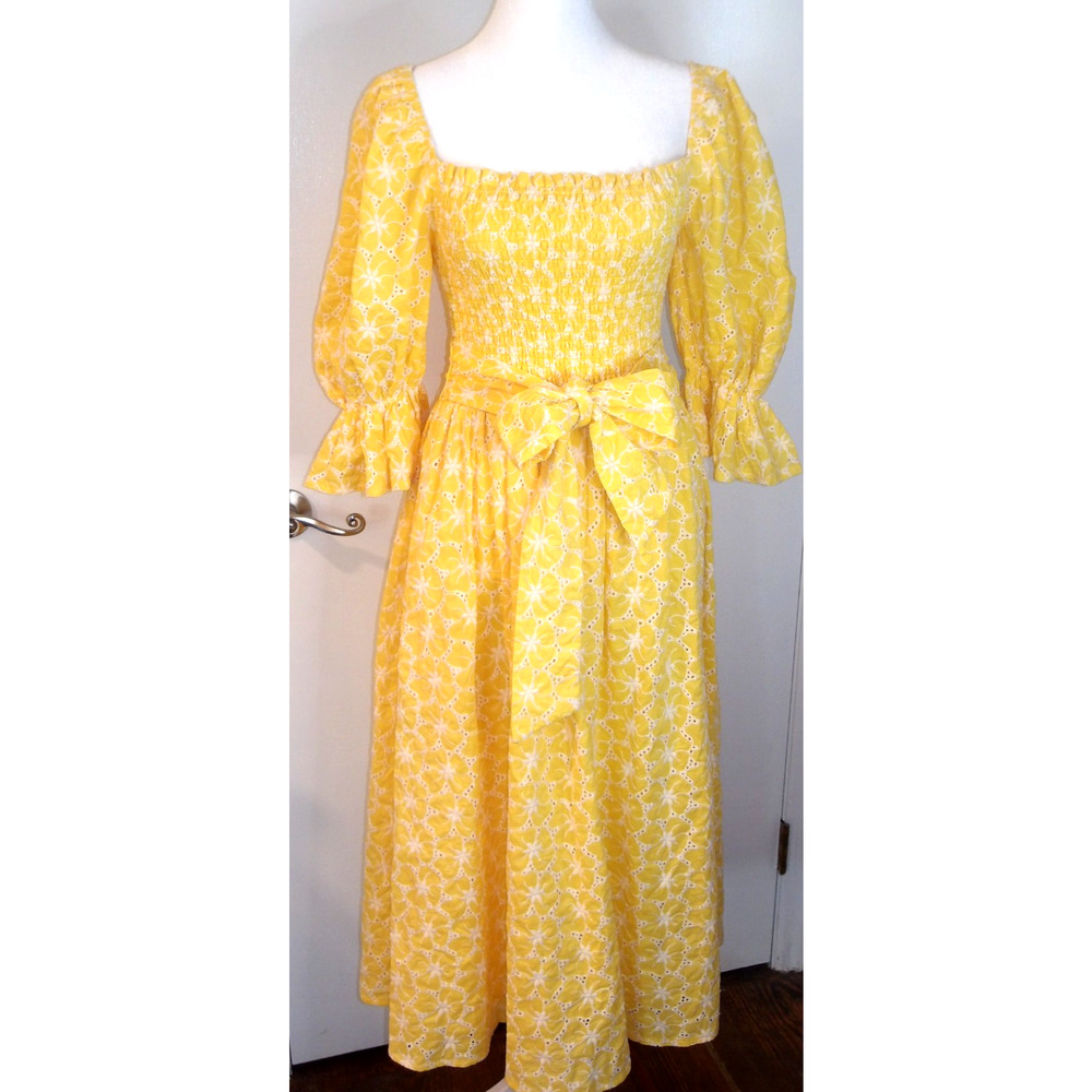 Aura The Label Yellow Midi Dress Cottagecore Belted Floral  SM NWT - Picture 4 of 9
